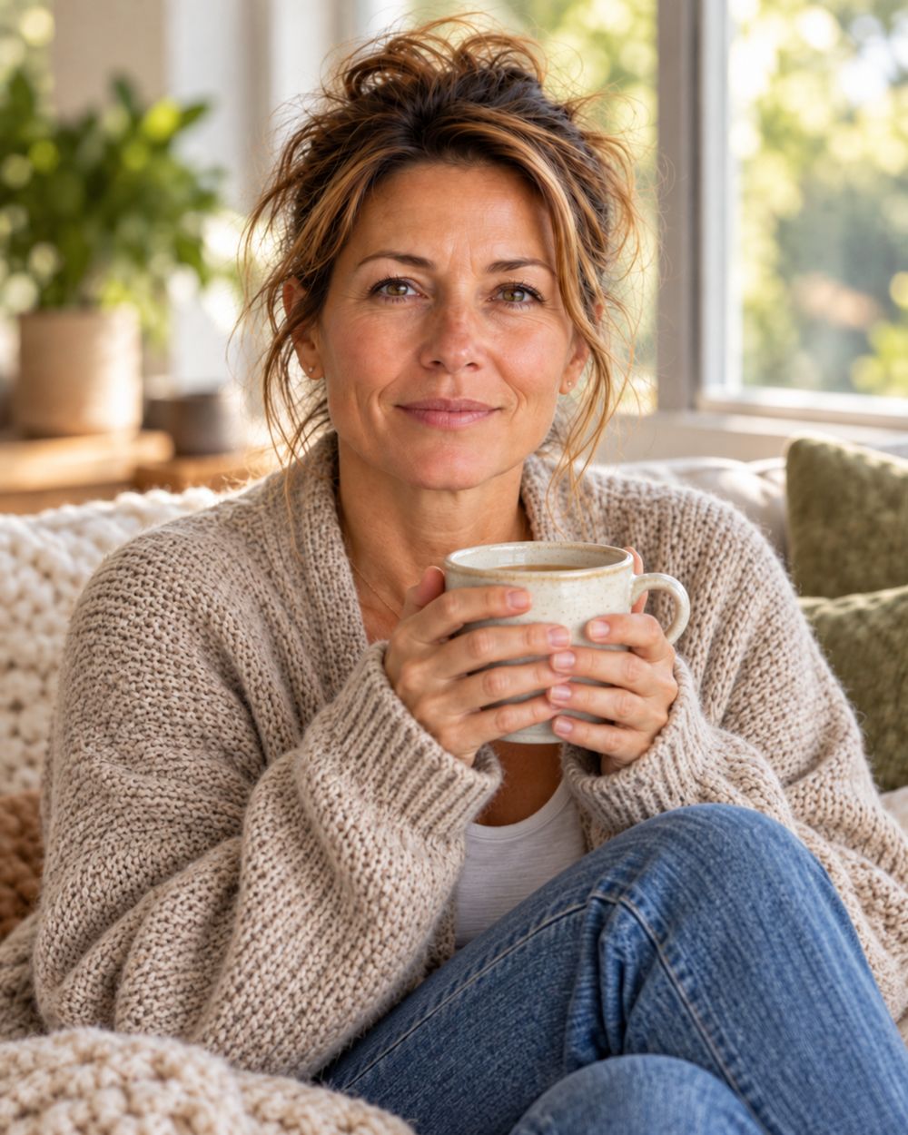 Frau mit Teetasse auf dem Sofa, entspannt am Morgen